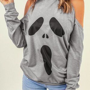 Gray Distressed Halloween Ghost Cold Shoulder Sweatshirt